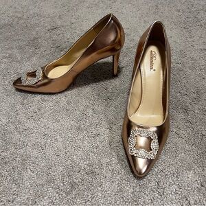 Rose Gold Pointed Toe Heels with Embellished Buckle